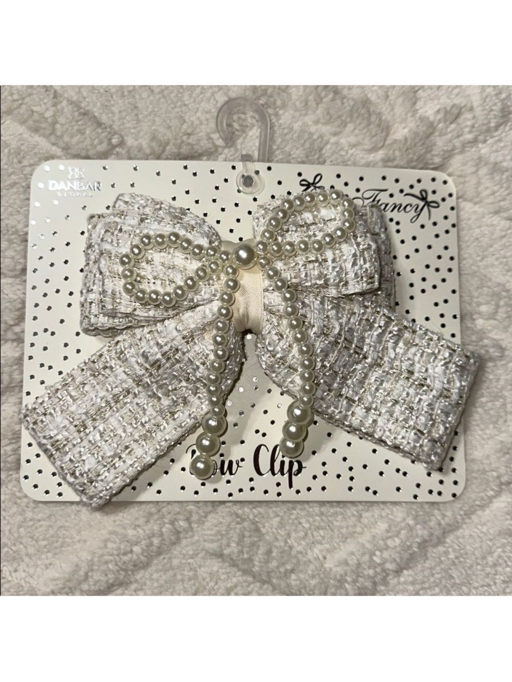 DANBAR GLOBAL Ivory Gold White Tweed Faux Pearl Overlay Bow Hair Clip